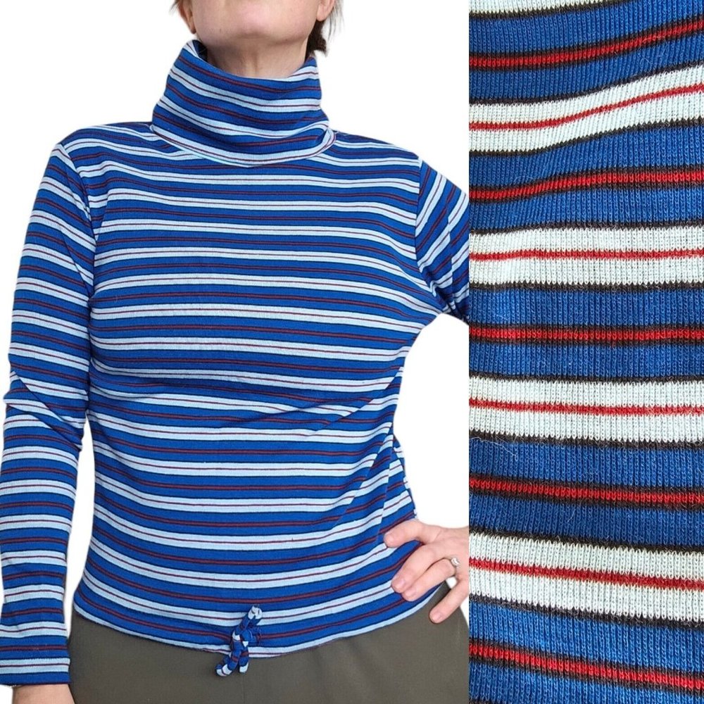 Retro 70s 80s Striped Turtleneck Shirt Thin Sweater‎ Medium Stretchy Blue Red
